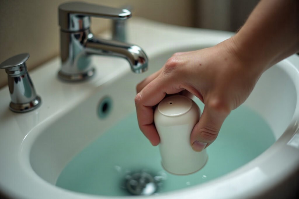 Vaso sanitário entupindo causas: close de desentupidor posicionado sobre vaso com água retida em banheiro residencial